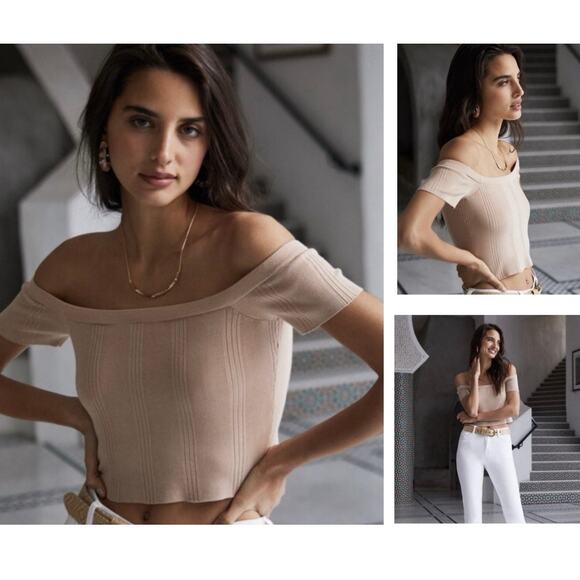 L’AGENCE Yuki Off The Shoulder Knit Top Beige Candied Ginger - Size XS - Picture 1 of 7